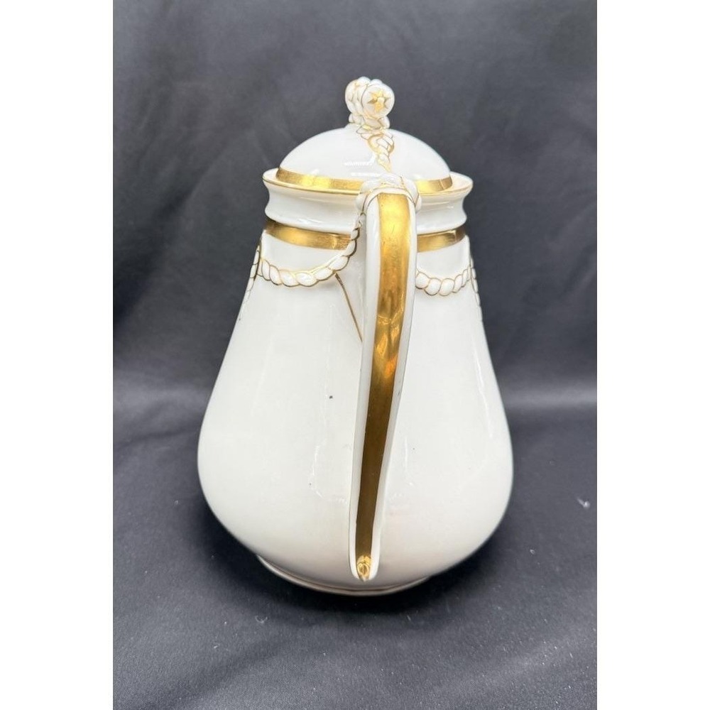 Antique Haviland Limoges White Teapot Gold Gilt Rope Handle Porcelain China - Picture 2 of 7